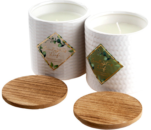 Eucalyptus Leaf Scented Candles In Large White Ceramic Pots With Lids - Set Of 2