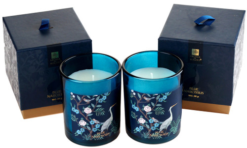 Scented Candles Glass Jars - Oriental Crane Bird - Blue Narcissus - Set of 2