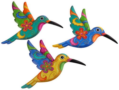 Hummingbird Colourful Hanging Metal Garden Wall Plaques Decorations - Set of 3