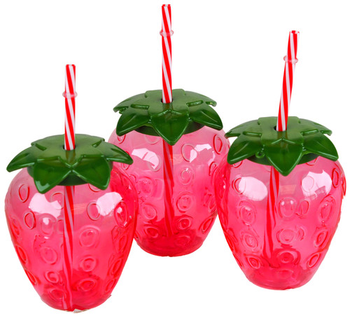 Plastic Strawberry Drinking Cups With Reusable Straws - Set of 3 Plastic Strawberry Drinking Cups With Reusable Straws - Set of 3