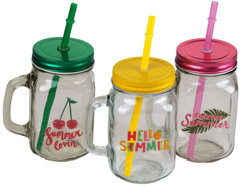 Summer Design Drinking Mason Jars With Handle Lid Reusable Straw - Set of 3 Summer Design Drinking Mason Jars With Handle Lid Reusable Straw - Set of 3