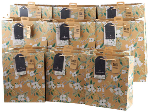 White & Green Floral Kraft Gift Bags with Tissue - Large & Medium - Set of 12 White & Green Floral Kraft Gift Bags with Tissue - Large & Medium - Set of 12