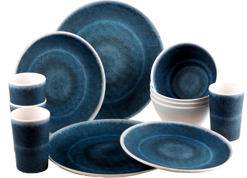 Reusable Quality Melamine Plastic Dinner Set Plates Bowls Cups 16 Piece - Blue