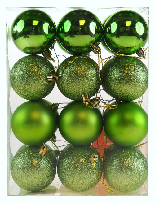 Christmas Lime Green Glitter Tree Baubles 6cm Decorations - Set of 24