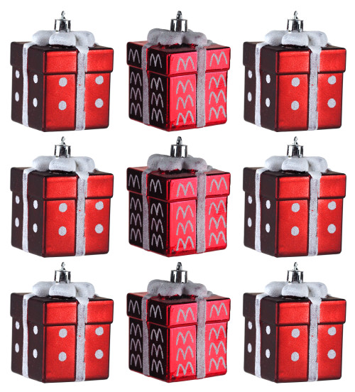 Present Gift Box Christmas Tree Baubles - Red WhIte Candy Cane Style - Set of 9 Present Gift Box Christmas Tree Baubles - Red WhIte Candy Cane Style - Set of 9