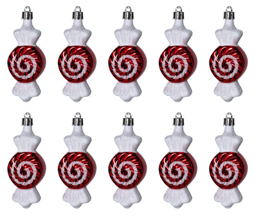 Sweet Christmas Tree Bauble Decorations - Red White Candy Cane Style - Set of 10 Sweet Christmas Tree Bauble Decorations - Red White Candy Cane Style - Set of 10