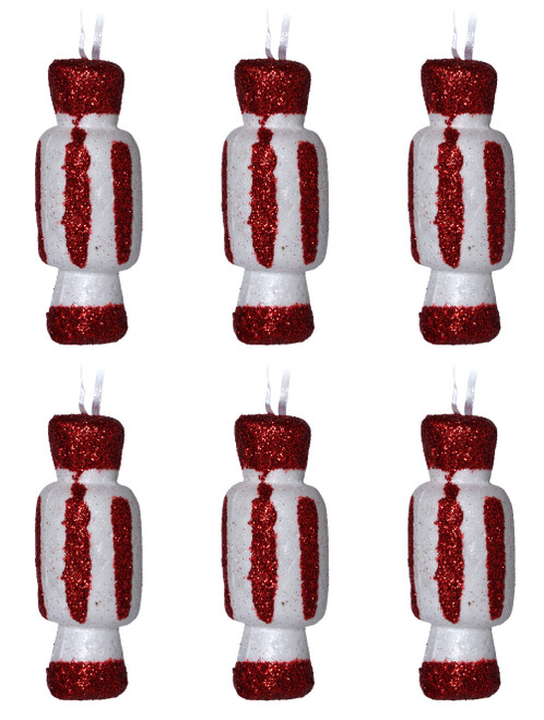 Sweet Christmas Tree Bauble Decorations - Red White Candy Cane Style - Set of 6 Sweet Christmas Tree Bauble Decorations - Red White Candy Cane Style - Set of 6