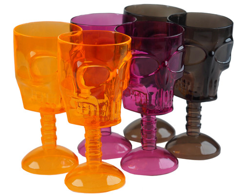 Spooky Plastic Halloween Drinking Goblet Glasses Cups - Skull Face - Set of 6