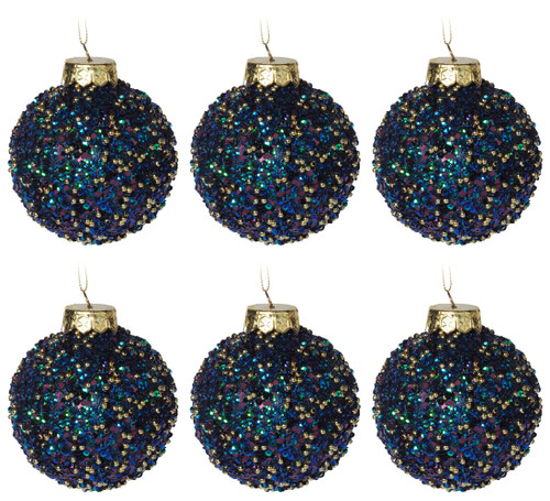 Opulent Glitter Blue & Gold Beaded Christmas Tree Baubles Decorations - Set of 6 Opulent Glitter Blue & Gold Beaded Christmas Tree Baubles Decorations - Set of 6