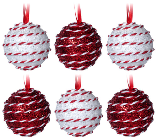 Round Yarn Swirl Christmas Tree Baubles - Red White Candy Cane - Set of 6