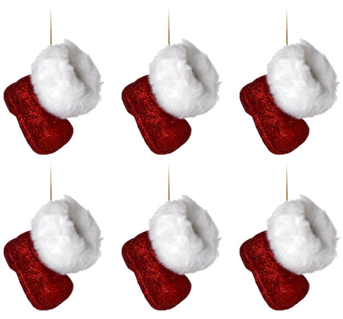 Red Glitter Santa Boot Christmas Tree Baubles Decorations - Set of 6