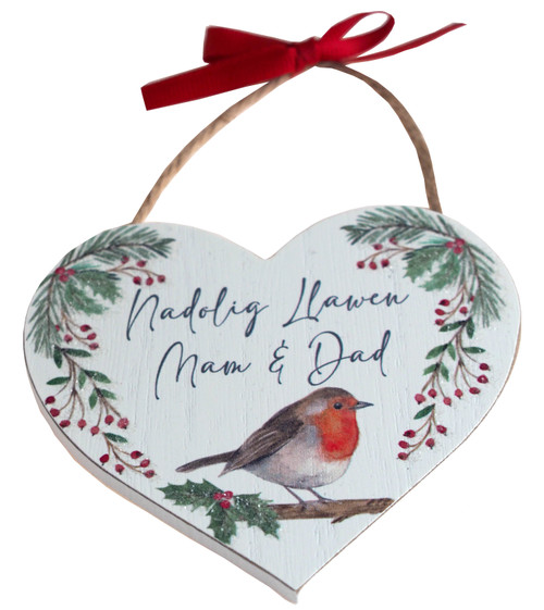 Nadolig Llawen Mam & Dad Welsh Christmas Robin Hanging Heart Plaque Nadolig Llawen Mam & Dad Welsh Christmas Robin Hanging Heart Plaque