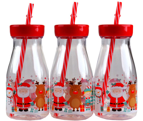 3 Christmas Novelty Milk Drinking Bottle With lid And Straw - Santa Elf 3 Christmas Novelty Milk Drinking Bottle With lid And Straw - Santa Elf