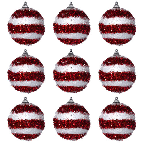 Christmas Tree Tinsel Baubles Decorations - Red White Candy Stripe - Set of 9