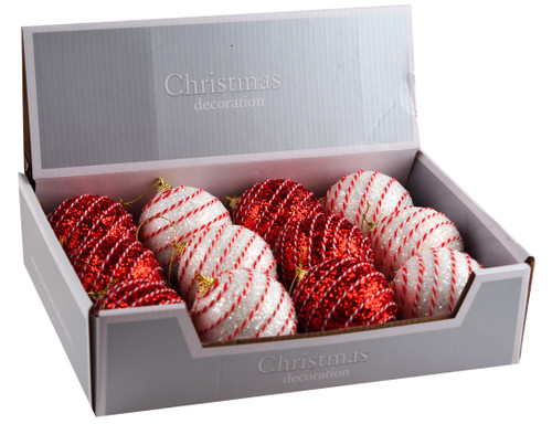 Christmas Tree Sequin Glitter Stripe Baubles Decorations Red White - Set of 12 Christmas Tree Sequin Glitter Stripe Baubles Decorations Red White - Set of 12