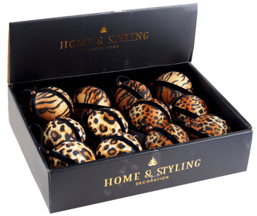 Christmas Tree Leopard Animal Print Baubles Decorations - Brown - Set of 12