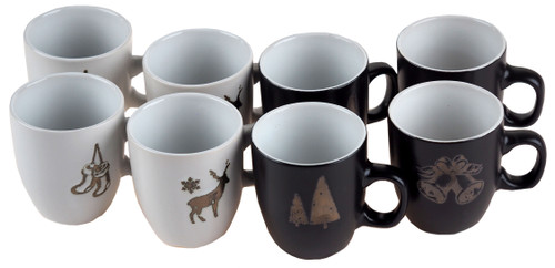 Christmas Espresso Ceramic Coffee Cups - Black / White - Set of 8