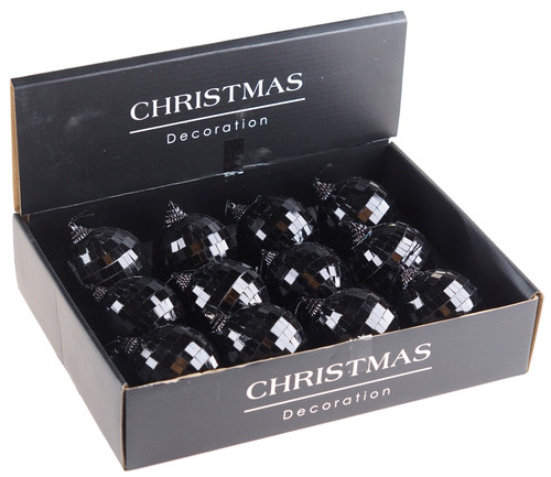 Jet Black Dazzle Shine Disco Ball Christmas Tree Baubles Decorations - Set of 12