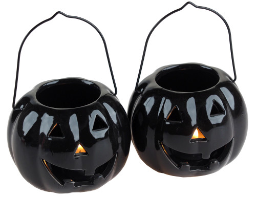 Black Pumpkin Tealight Lanterns / Candle Holders - Set of 2 Black Pumpkin Tealight Lanterns / Candle Holders - Set of 2