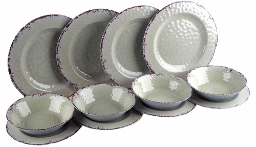 Melamine Plastic 12 Piece Dinner Set - Plates Cups Bowls - Cream