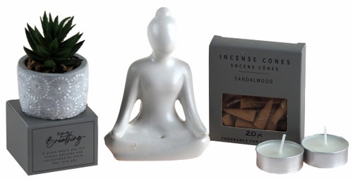 Yoga Home Fragrance Set - Tea Light Candles, Incense Cones And Figurine - White