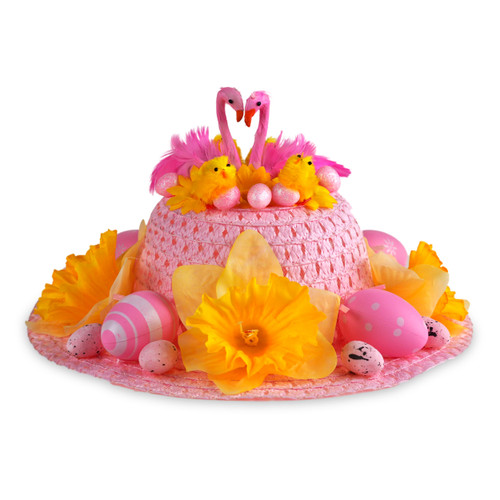 Girls Ready Made Decorated Easter Hat Bonnet - Flamingo B