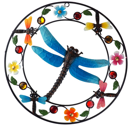 Large 35cm Dragonfly Round Wall Plaque Garden Metal Decoration