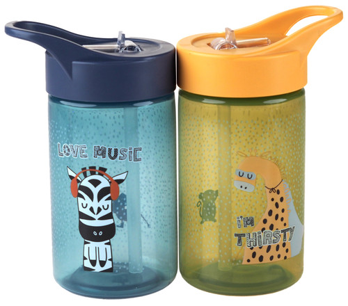 School Drinking Juice Bottle Flask - Blue Yellow Funky Animal - Set of 2 School Drinking Juice Bottle Flask - Blue Yellow Funky Animal - Set of 2