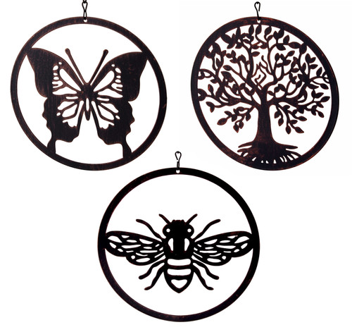 Garden Hanging Metal Mobile Ornament Plaque - Bee Butterfly Tree - Set of 3