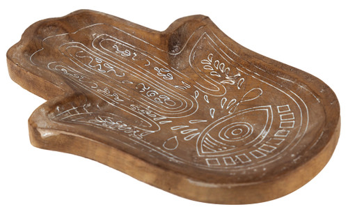 Wooden Bowl / Dish - Hamsa Indian Hand design - Mango Wood