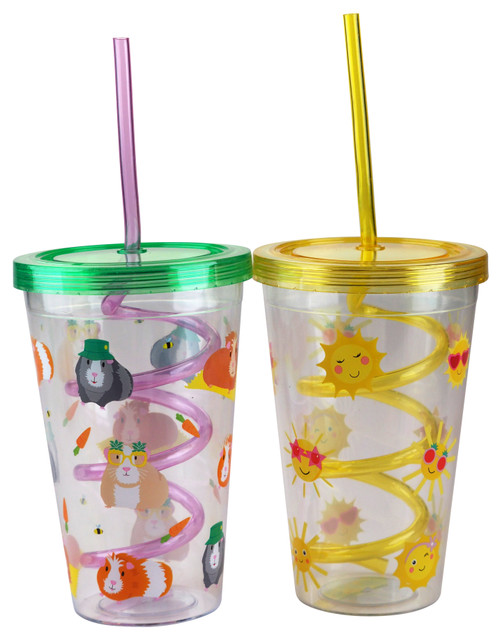 Plastic Drinking Tumbler Cups Lid Spiral Straw - Guinea Pig Sunshine - Set of 2