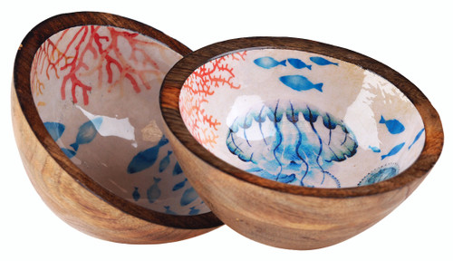 Octopus Fish Bowls - Wooden Food safe - Glossy Nautical Design - Set of 2