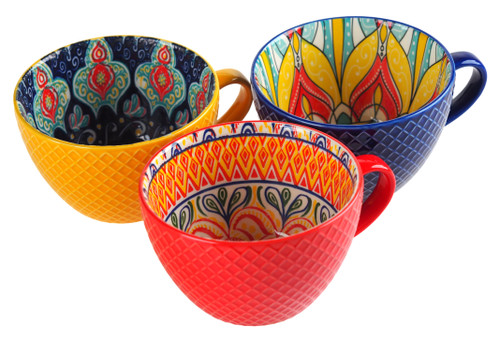 Poke Bowls With Handle - Ramen / Soup / Noodles - Patterned Colour - Set of 3