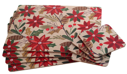 Christmas Dinner Placemats and Coasters - Poinsettia Flower Design - Set of 4 Christmas Dinner Placemats and Coasters - Poinsettia Flower Design - Set of 4
