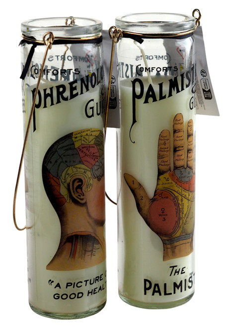 Phrenology Palmistry Scented Candles 20cm Glass Jars With Handles - Set of 2 Phrenology Palmistry Scented Candles 20cm Glass Jars With Handles - Set of 2