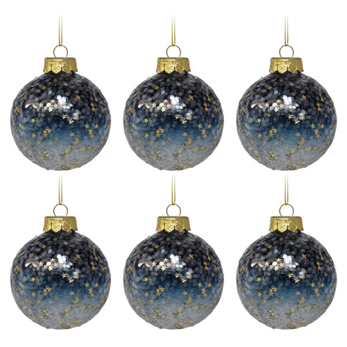 Navy Blue and Gold Star Sequin Christmas Baubles / Tree Ornaments - Set of 6