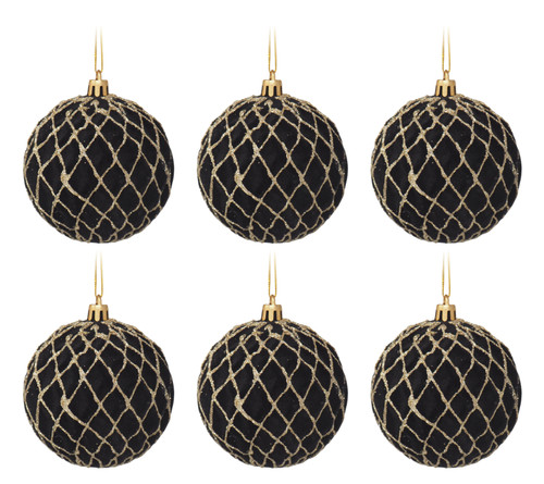 Black Velvet Christmas Baubles / Tree Ornaments Gold Glitter Lattice - Set of 6