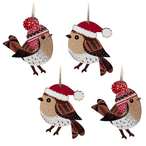 Wooden Christmas Robin Baubles / Tree Ornaments - Set of 4 Wooden Christmas Robin Baubles / Tree Ornaments - Set of 4