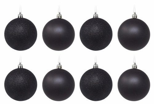 Black Christmas Tree Baubles - 10 cm Matte & Glitter Ornaments - Set of 8