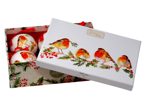 Watercolor Robin Christmas Baubles Tree Ornaments - In Gift Box - Pack of 6 Watercolor Robin Christmas Baubles Tree Ornaments - In Gift Box - Pack of 6