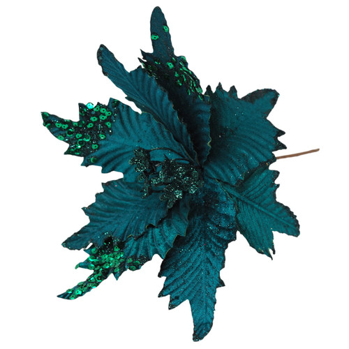 Teal Poinsettia Christmas Flower Picks with Sequins Tree Decorations - Set of 6