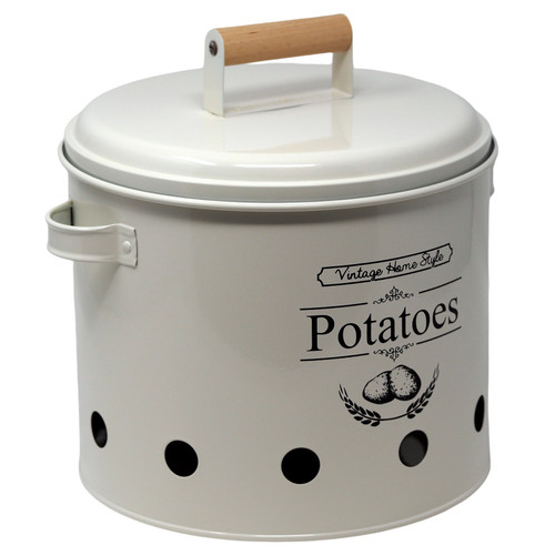Metal Potato Storage Container Vintage Style with Ventilation and Handle - Cream