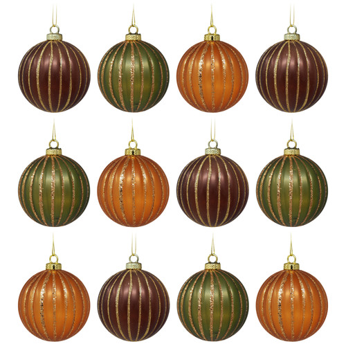Woodland Christmas Tree Baubles - Matte Glitter Brown Orange Green  - Set of 12