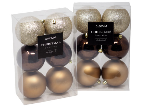 Earth Tones Christmas Baubles - Brown, Gold & Champagne - 8 cm - Set of 12
