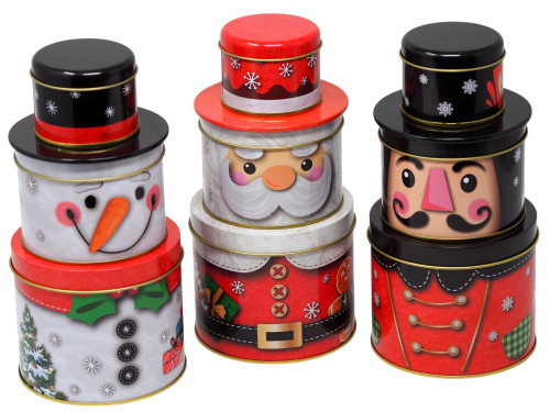 Christmas Character Metal Storage Tins - Snowman, Santa, Nutcracker - Set of 3