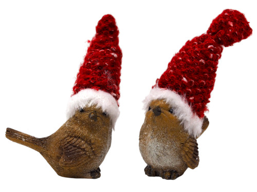 Christmas Bird Cute Figurines with Red Knit Santa Hats - Set of 2 Christmas Bird Cute Figurines with Red Knit Santa Hats - Set of 2