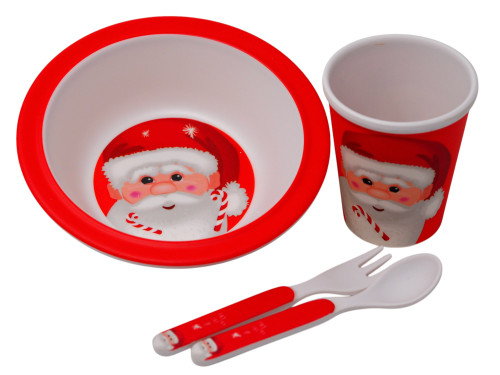 Kids Christmas Breakfast Set - Melamine 4 Pieces Bowl Cup Fork Spoon - Santa Kids Christmas Breakfast Set - Melamine 4 Pieces Bowl Cup Fork Spoon - Santa