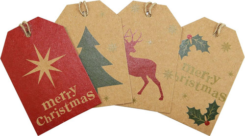 Christmas Kraft Gift Tags Xmas in 4 Assorted Designs - Pack of 20 - Modern