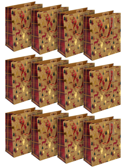 Eco Kraft Christmas Medium Gift Bags - Set of 12 - Tartan Stag Eco Kraft Christmas Medium Gift Bags - Set of 12 - Tartan Stag