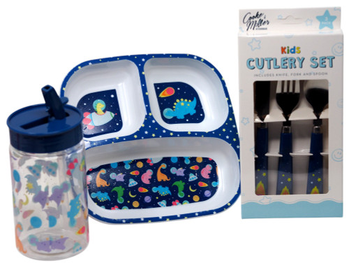 Kids Space & Dinosaur Dinnerware Set - Divided Plate Cup and Metal Cutlery Set